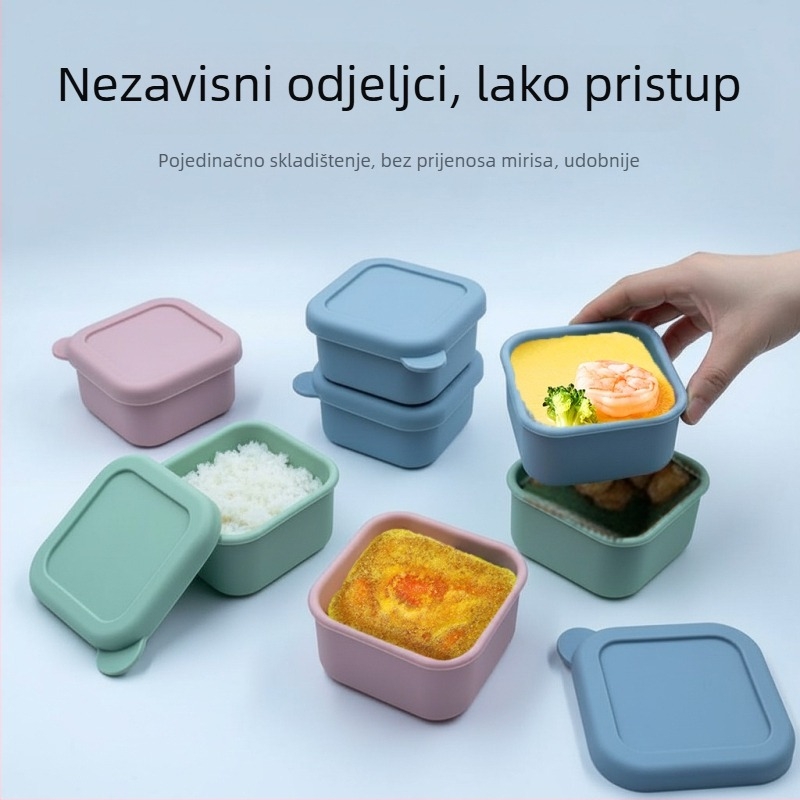 Kutija za obrok od silikona hrane, kvadratnog oblika, mikrovalna sigurna i izolirana, kapacitet ispod 300 ml.
