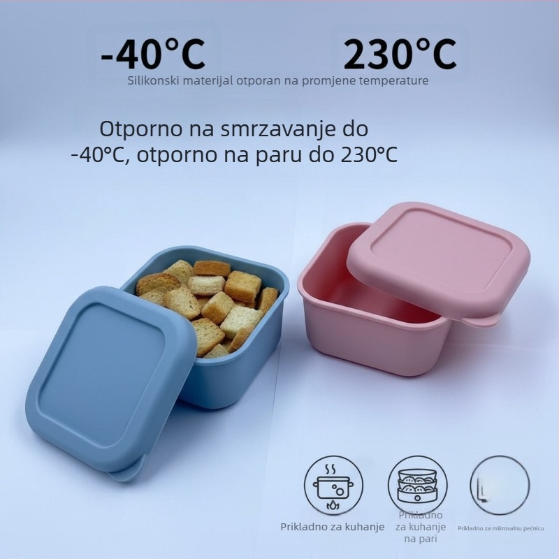 Kutija za obrok od silikona hrane, kvadratnog oblika, mikrovalna sigurna i izolirana, kapacitet ispod 300 ml.