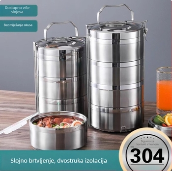 Okrugla kutija za ručak od nehrđajućeg čelika s izolacijom, višeslojna, 3,1–4 L, kompatibilna s mikrovalnom pećnicom