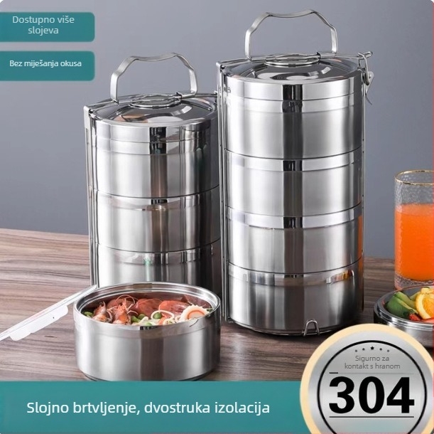 Okrugla kutija za ručak od nehrđajućeg čelika s izolacijom, višeslojna, 3,1–4 L, kompatibilna s mikrovalnom pećnicom