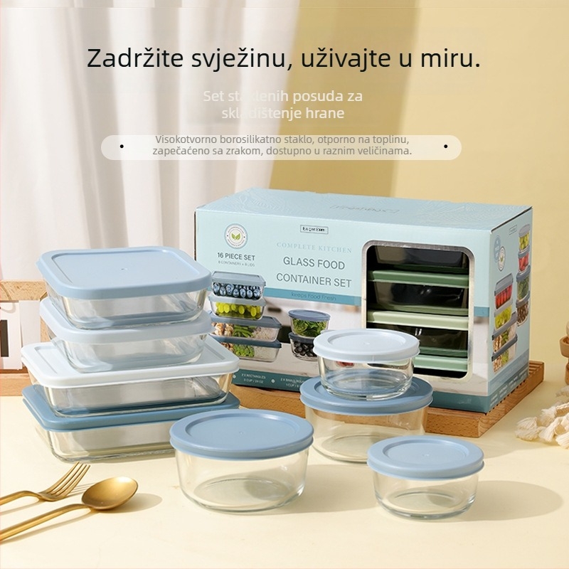 Set posuda za hranu od borosilikatnog stakla visokog otpornosti na toplinu, kompatibilan s mikrovalnom, pravokutnog oblika, višedijelni, s mogućnošću prilagođenog logotipa