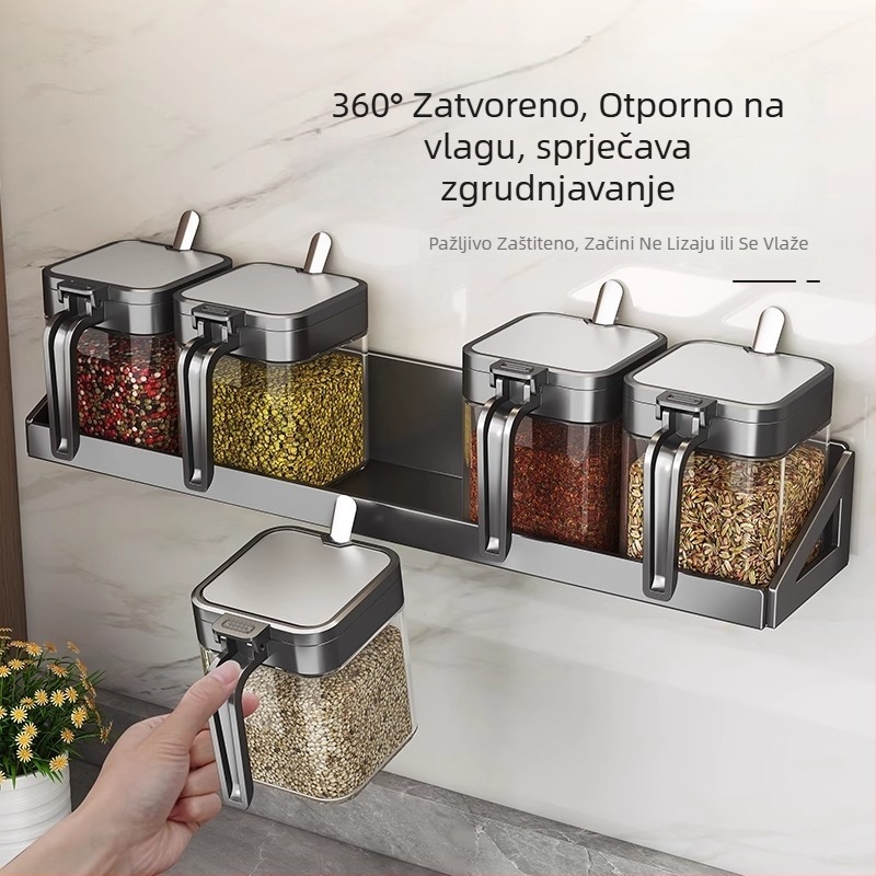 Stalak za začine s metalnom konstrukcijom i staklenim posudama, zatvorene bočice za čvrste začine, mogućnost prilagodbe