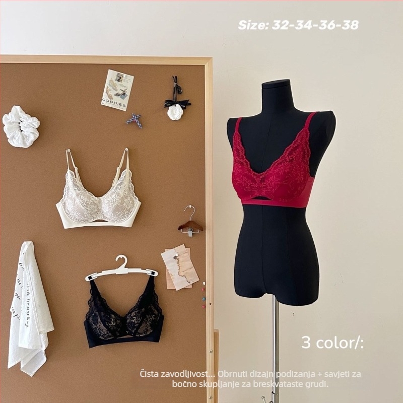 Čipkasti grudnjak bez žice, 3/4 košarica, stražnje zatvaranje s četiri reda kopči, fiksne naramenice, čipkasti rub