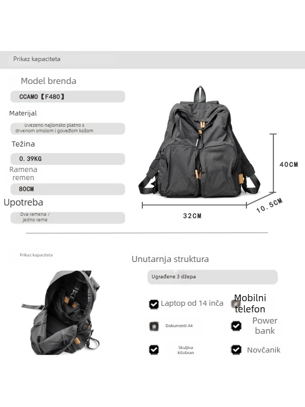 Nylon ruksak za putovanja, lagan, 14-inčni laptop, kapacitet 36–55 L, trake s jastučićem zraka
