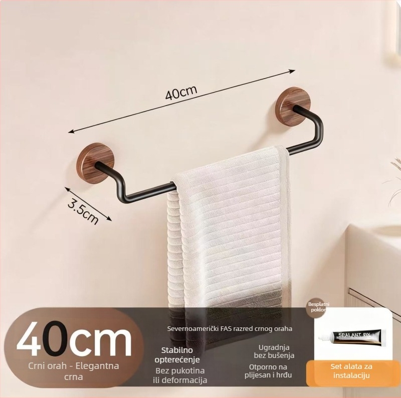 Zidni držač za ručnike od niskougljične čelične, mat završetka, jednoručna šipka, montaža bez bušenja, nosivost 10 kg