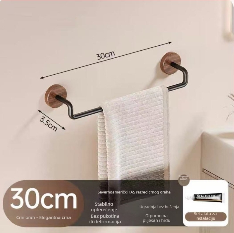 Zidni držač za ručnike od niskougljične čelične, mat završetka, jednoručna šipka, montaža bez bušenja, nosivost 10 kg