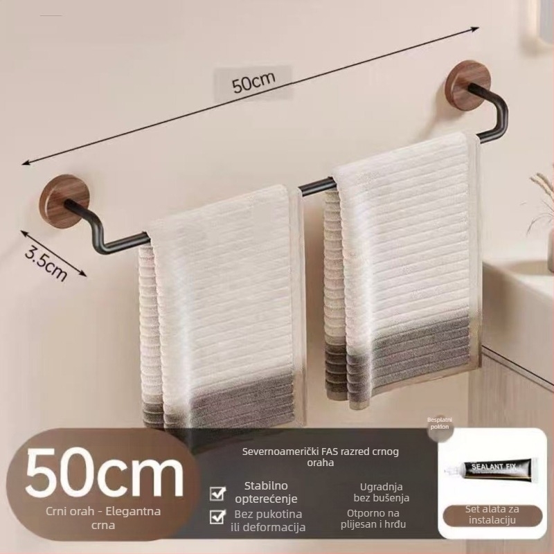 Zidni držač za ručnike od niskougljične čelične, mat završetka, jednoručna šipka, montaža bez bušenja, nosivost 10 kg