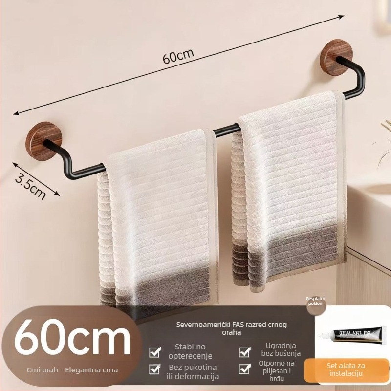 Zidni držač za ručnike od niskougljične čelične, mat završetka, jednoručna šipka, montaža bez bušenja, nosivost 10 kg