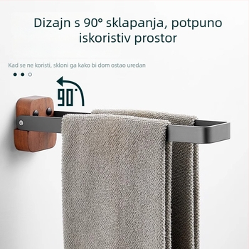 Sklopivi držač ručnika od orahovog drveta i aluminija, 1-etažni, bez bušenja, nosivost 10 kg, moderan minimalistički stil