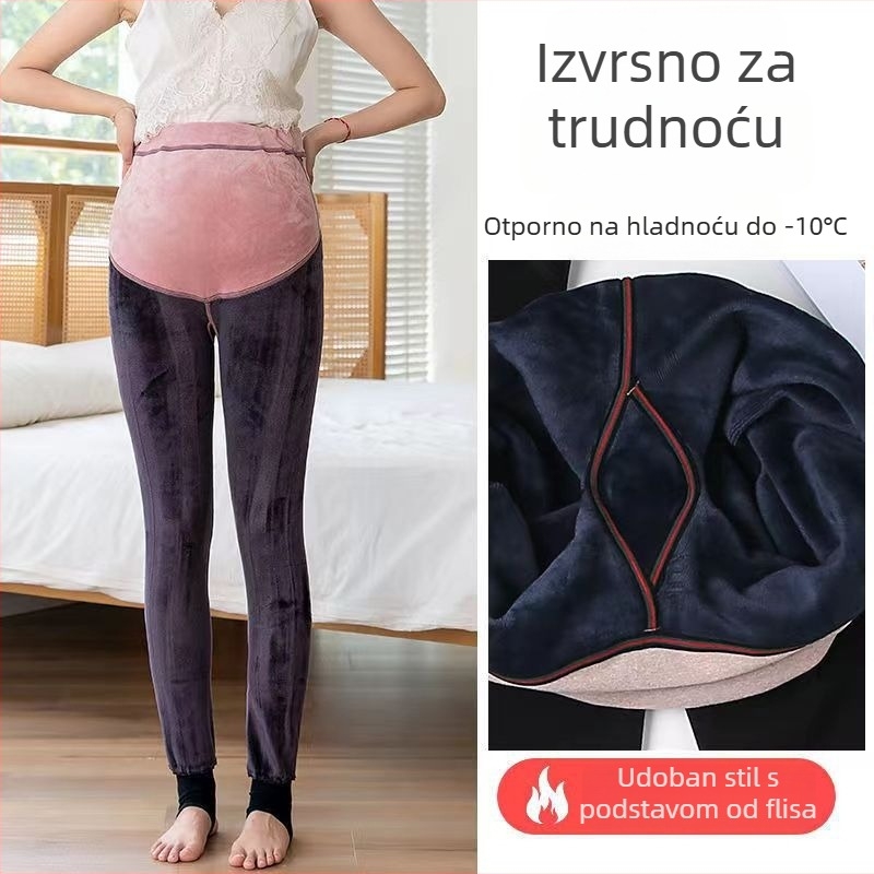Trudničke tajice s fleecem iznutra, debele, visok pas za potporu trbuha, mješavina vune i poliestera, visoka elastičnost