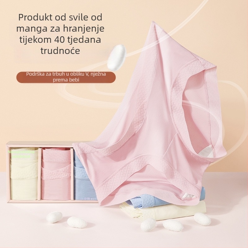 Trudničko donje rublje, niski pojas, potpora trbuha, prozračni viskozni materijal (80–90%), antibakterijska intimna zona