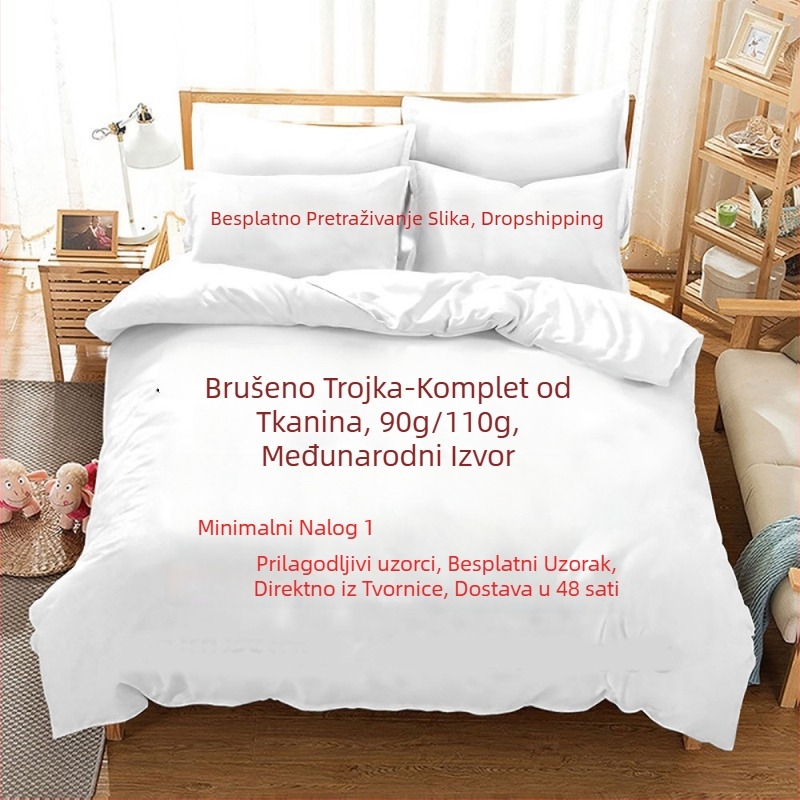 Tri dijelni set posteljine s digitalnim printom, brušeni završetak, kemijska vlakna, uzorak likova, moderni minimalistički stil