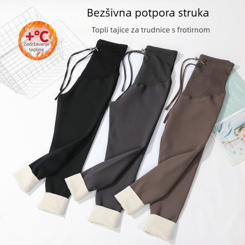 Trudničke zimske legice s fleece podstavom, visokim strukom i vezicom, bezšivne, tijesno pristajuće joge hlače za trudnice; Shark Skin tkanina od najlona i spandeksa; debele i tople; visoka elastičnost