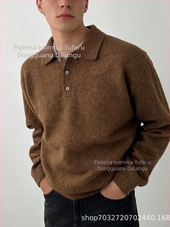 Muški pleteni pulover s polo ovratnikom, dugi rukav, jacquard uzorak, smjesa poliestera 70%