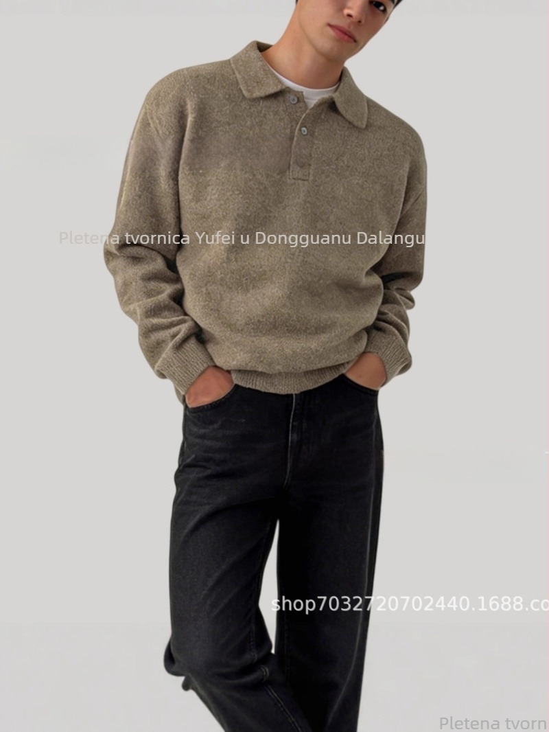 Muški pleteni pulover s polo ovratnikom, dugi rukav, jacquard uzorak, smjesa poliestera 70%