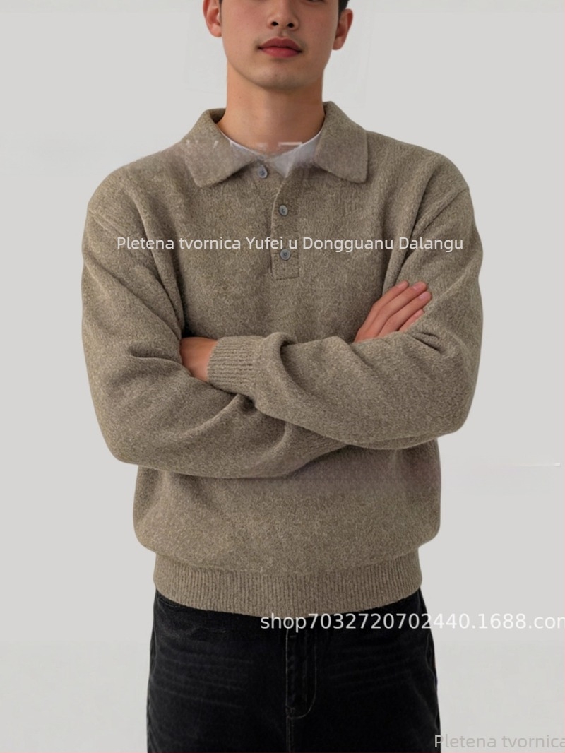 Muški pleteni pulover s polo ovratnikom, dugi rukav, jacquard uzorak, smjesa poliestera 70%