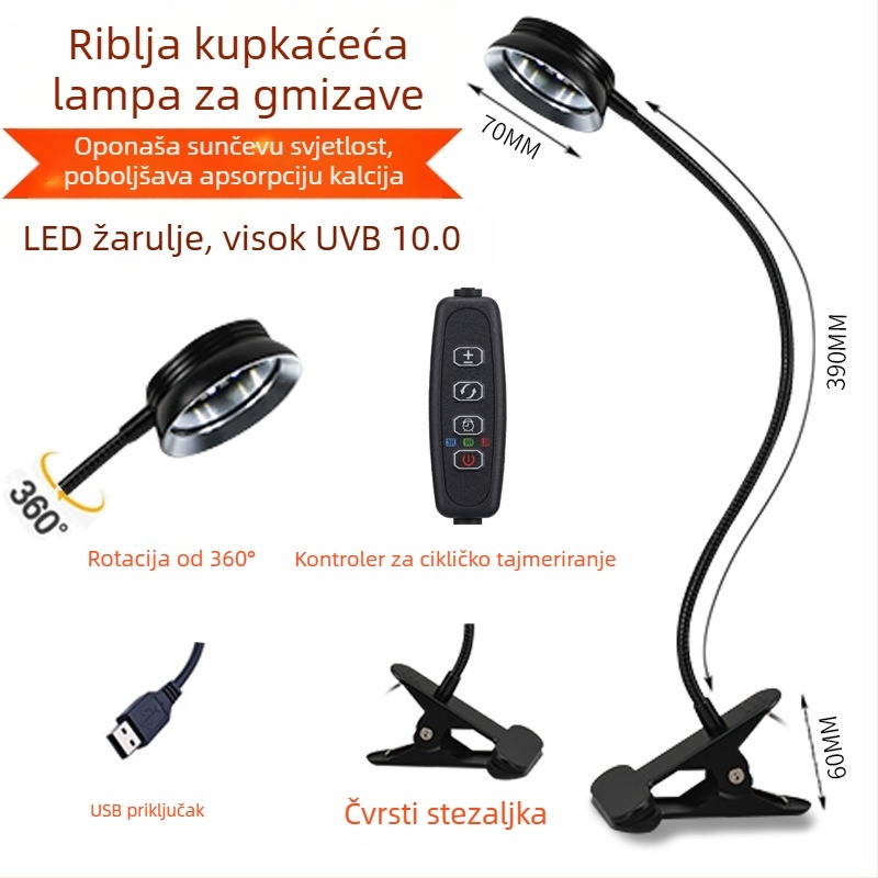 LED kalcijska lampica za penjačke kućne ljubimce (kornjače) sa UVA UVB potpunim spektrom, ciklusni tajmer, clip lampica, 6W, aluminij