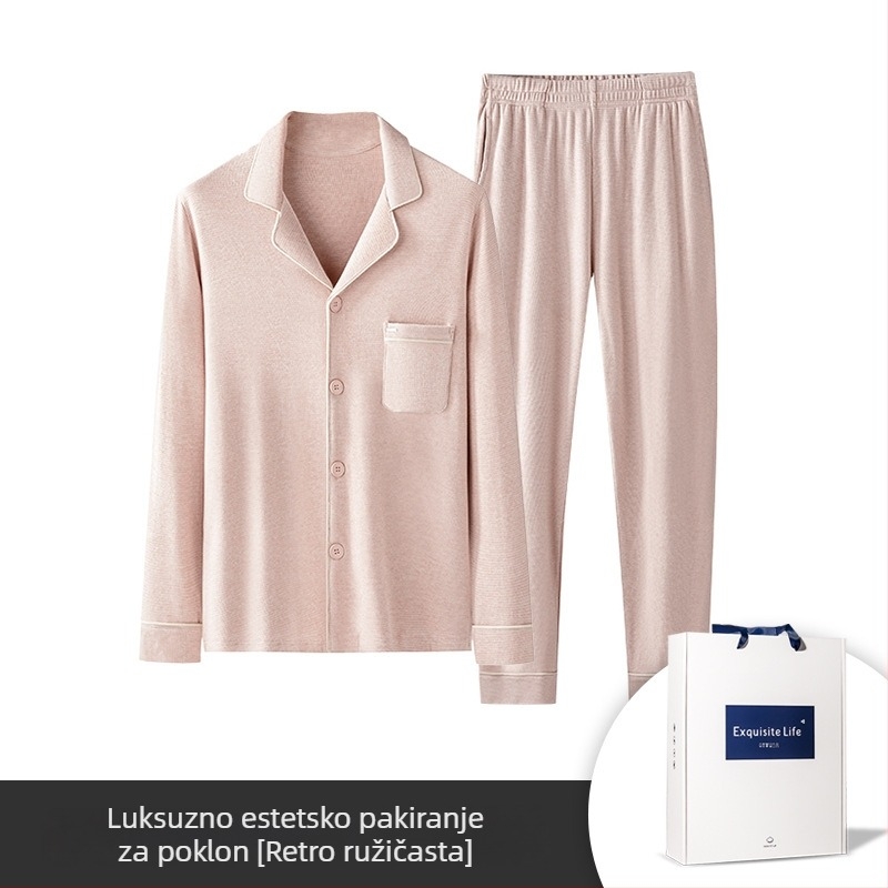 Luksuzni viskozni set pidžame s debelim materijalom, ovratnik rever, dugi rukavi, hlače; pogodan za zimu i jesen, za mlade žene.