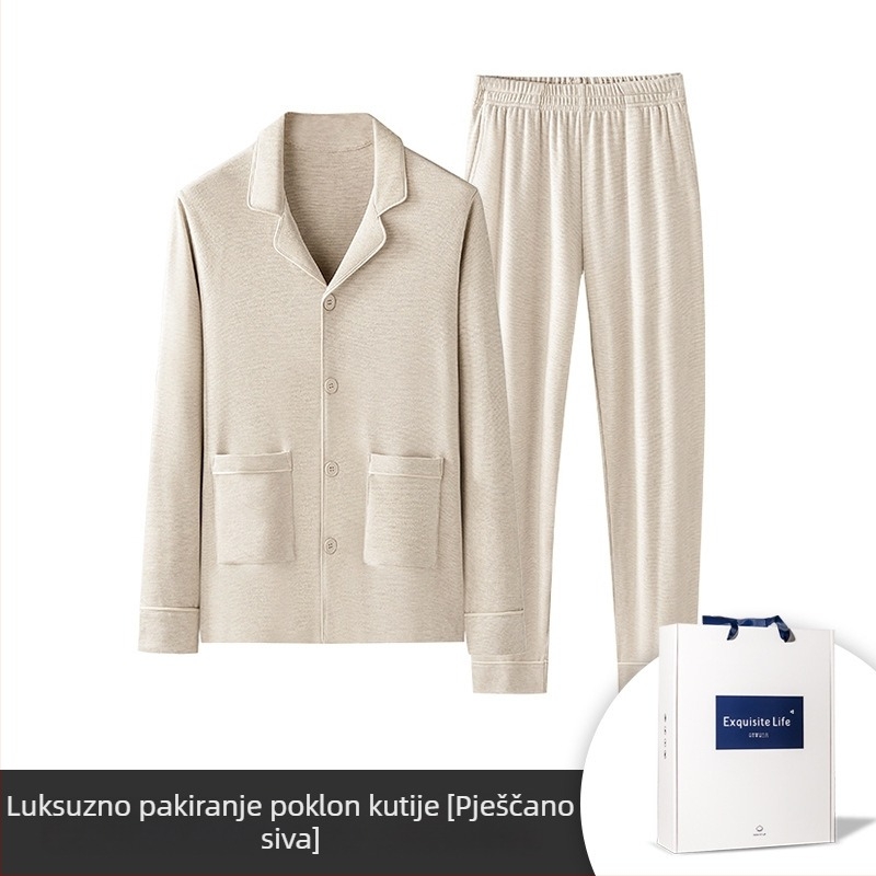 Luksuzni viskozni set pidžame s debelim materijalom, ovratnik rever, dugi rukavi, hlače; pogodan za zimu i jesen, za mlade žene.