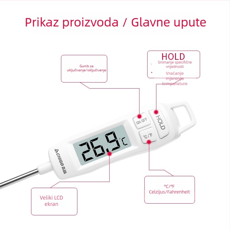 Chigo Visoko precizan elektronički termometar za hranu s sondom za tekućine, raspon -50°C do 300°C