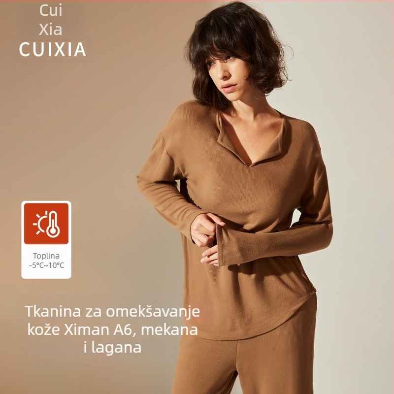 Ženski akrilni lounge set s V-izrezom i hlačama — udoban za dom i van, kroz sve sezone