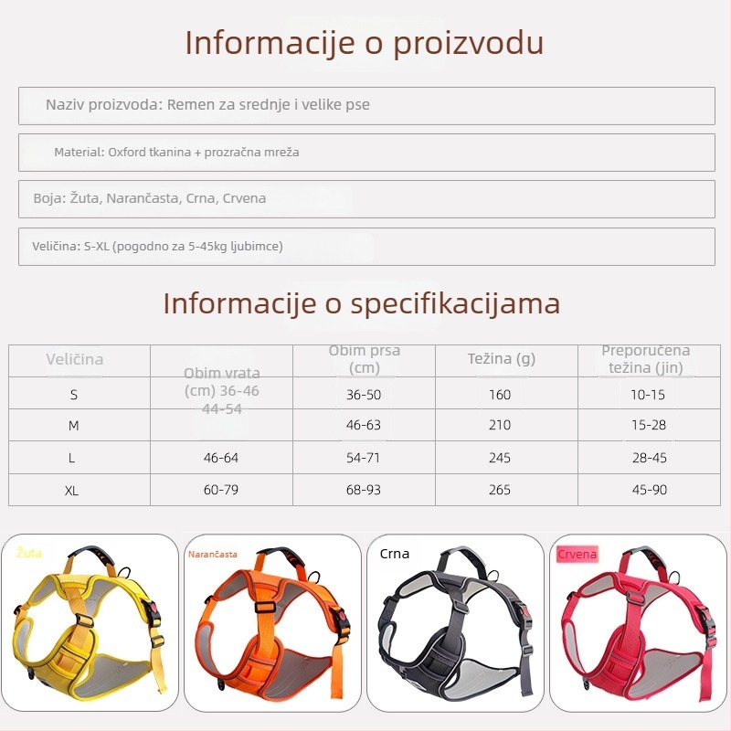 Pasji prsni harnes s podesivim i izvučnim užetom – poliester, Mengzhifang, paket 50