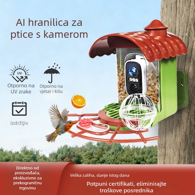 Vanjska solarna hranilica za ptice s kamerom, automatsko hranjenje i upravljanje putem aplikacije, s odvojivim dizajnom