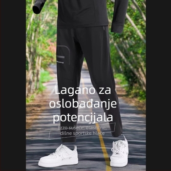 Muške sportske hlače, opuštenog kroja, srednji pojas, kopčanje na vezanje, pamuk-poliester mješavina, mikroodskok elastičnost