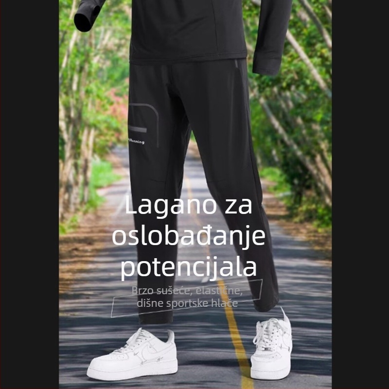Muške sportske hlače, opuštenog kroja, srednji pojas, kopčanje na vezanje, pamuk-poliester mješavina, mikroodskok elastičnost