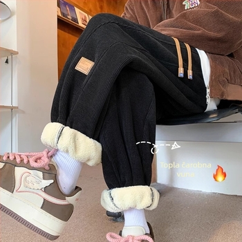 Muške corduroy casual hlače s flis podstavom, slobodan kroj, srednji pojas, vezivanje šnuralom