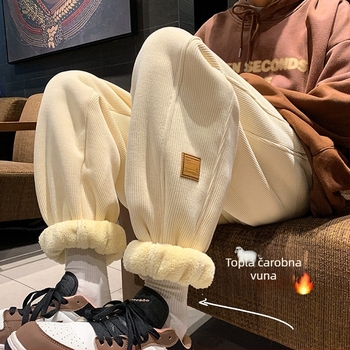 Muške corduroy casual hlače s flis podstavom, slobodan kroj, srednji pojas, vezivanje šnuralom