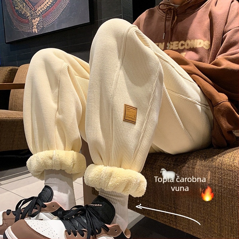 Muške corduroy casual hlače s flis podstavom, slobodan kroj, srednji pojas, vezivanje šnuralom