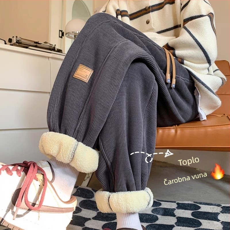 Muške corduroy casual hlače s flis podstavom, slobodan kroj, srednji pojas, vezivanje šnuralom