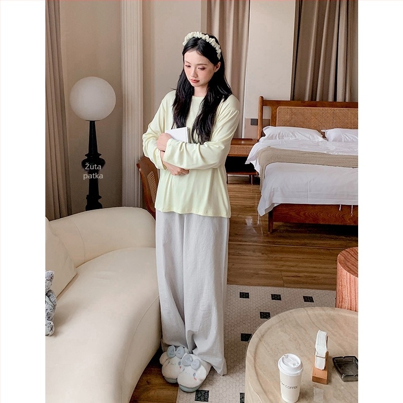 Ženski set pidžama – modal s osjećajem pamuka, pulover s okruglim izrezom, minimalistički i ležeran stil, lagan, s dugim rukavima i hlačama