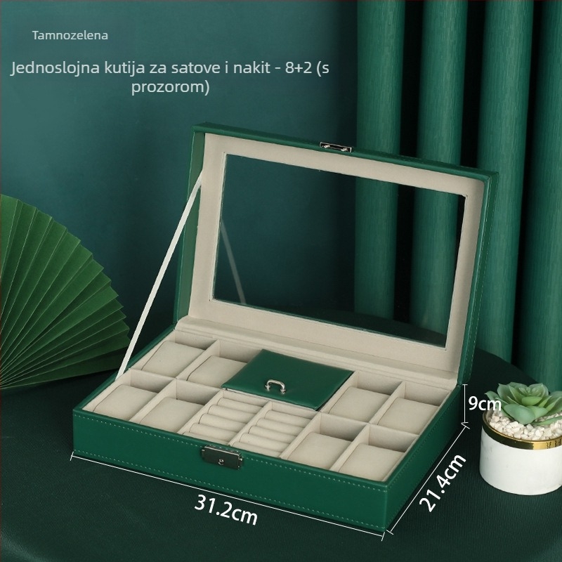 Dvostruko slojevita drvena kutija za nakit s prozirnim prozorom za satove i narukvice