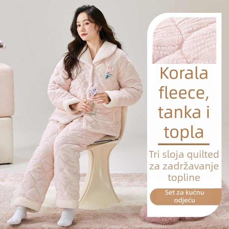 Pidžama set od koralnog baršuna, ekstra debela podstava, rever ovratnik, dugi rukavi