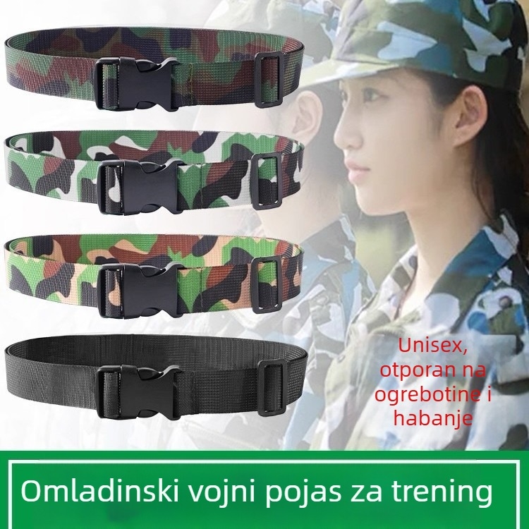 Vojni trening pojas – najlon pojas s plastičnom kopčom, zatvaranje kopčom, širina 2–4 cm, jedinstven stil