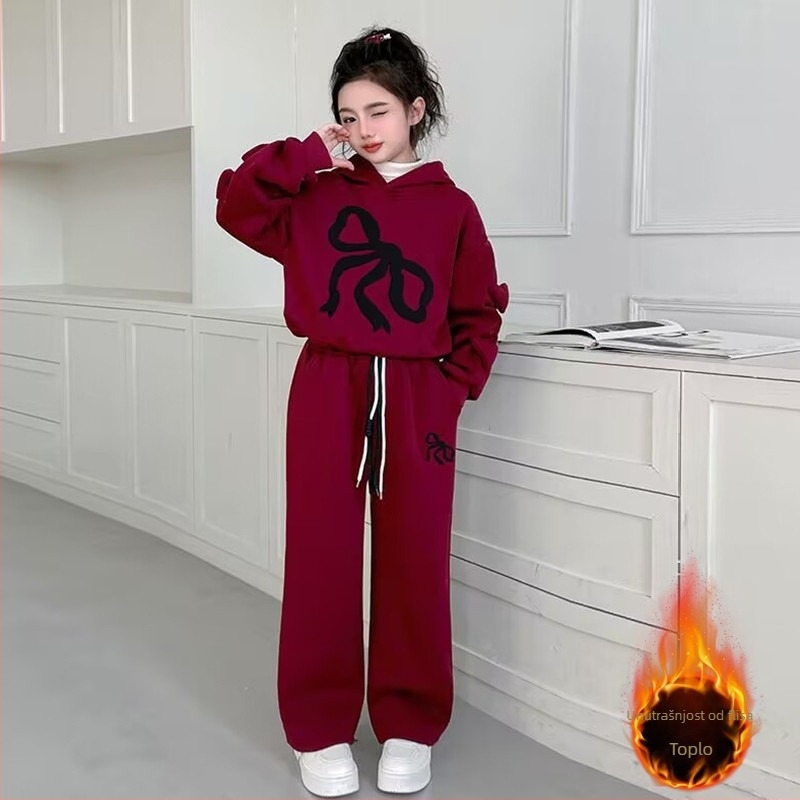 Dječji zimski dvodijelni komplet s kapuljačom: hoodie i široke hlače, debeli fleece, 95% poliester