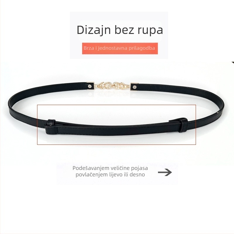 Ženski uski pojas s perlnom kopčom - podesivi PU koža, aluminijska kopča, perljasti uzorak