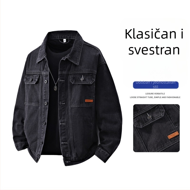 Muška traper jakna s izvezenim logom, korejski stil, dugi rukavi, uski kroj, za jesen-zimu
