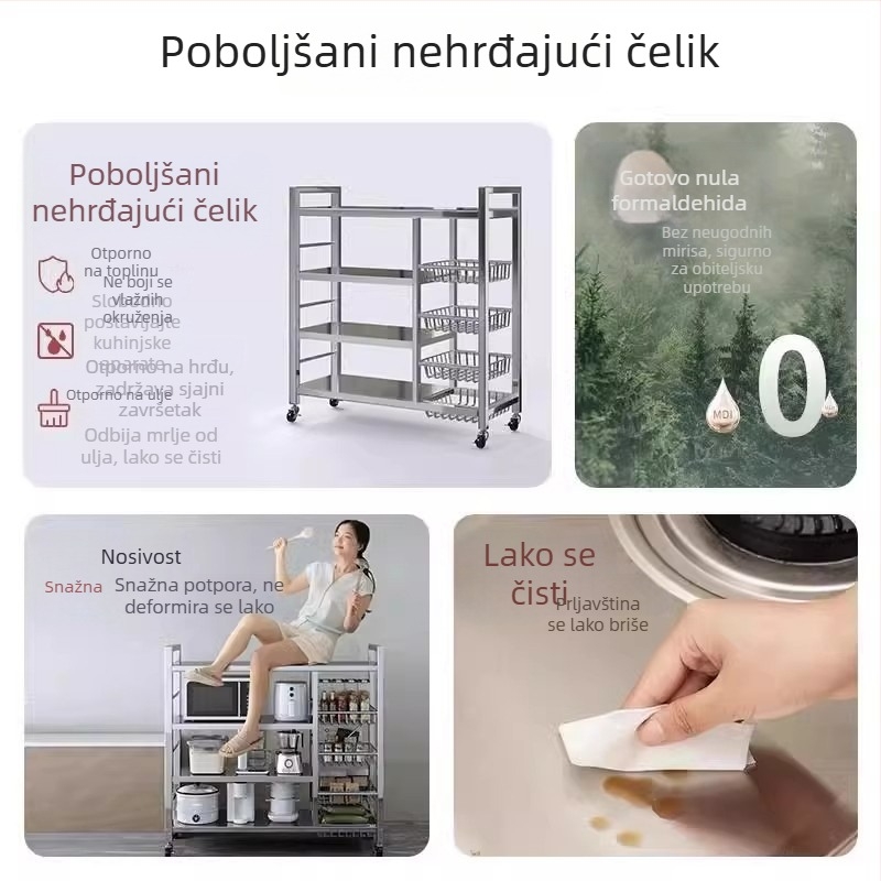 6-razinski podni kuhinjski stalak za pohranu, višefunkcionalan, pomičan, za posuđe i grickalice
