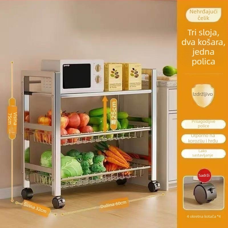 6-razinski podni kuhinjski stalak za pohranu, višefunkcionalan, pomičan, za posuđe i grickalice