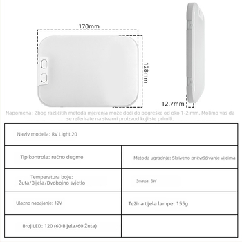 RV unutarnje svjetlo, ultra jaka svjetla kabine i krovnog prostora, universalno za tricikle, model FC20, materijal ABS+PC+LED; snaga 6W; napon 12V
