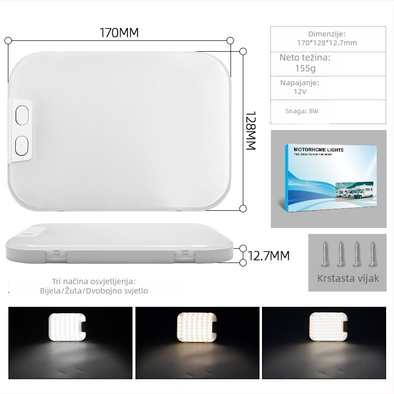 RV unutarnje svjetlo, ultra jaka svjetla kabine i krovnog prostora, universalno za tricikle, model FC20, materijal ABS+PC+LED; snaga 6W; napon 12V