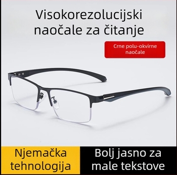 Naočale za čitanje s polu-okvirom, kvadratni stil, plastičan okvir s metalnim detaljima, leće PC