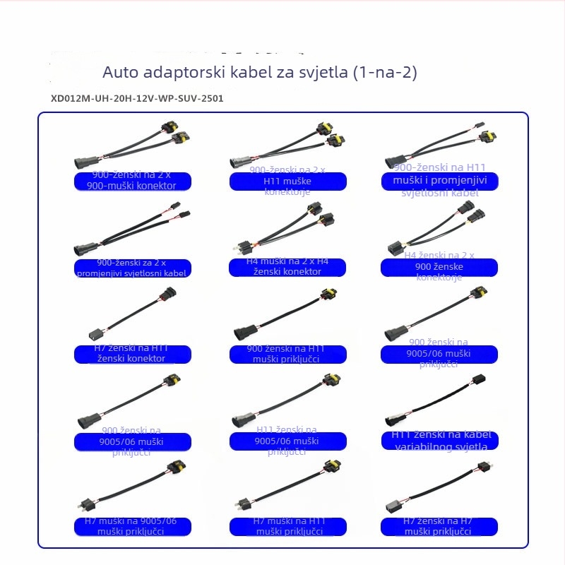 Automobilski adapter za svjetla: kabel 9006 ženski na dvostruku 9006/9005 muški, 12V, 35-55W, 9006 na dvostruku glavu, vrste žarulja 9006/9005/9012
