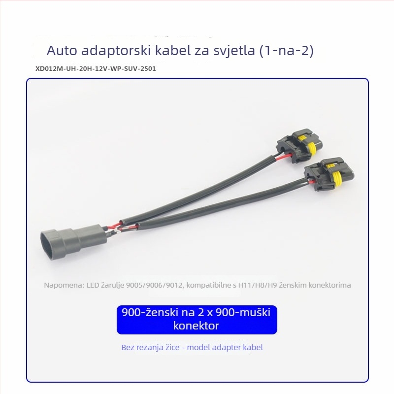 Automobilski adapter za svjetla: kabel 9006 ženski na dvostruku 9006/9005 muški, 12V, 35-55W, 9006 na dvostruku glavu, vrste žarulja 9006/9005/9012