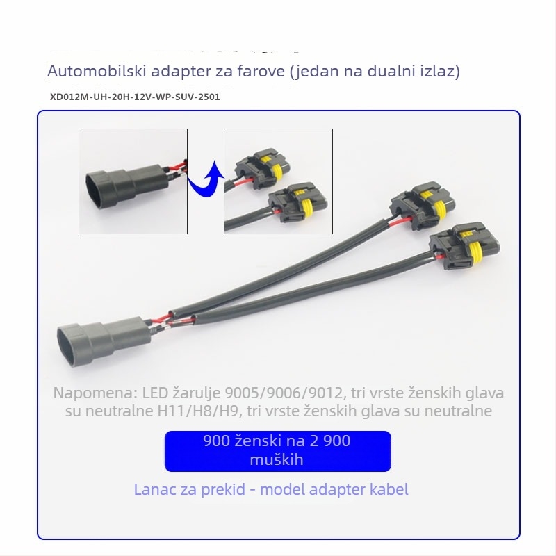 Automobilski adapter za svjetla: kabel 9006 ženski na dvostruku 9006/9005 muški, 12V, 35-55W, 9006 na dvostruku glavu, vrste žarulja 9006/9005/9012