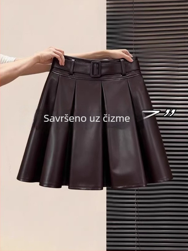 PU kožna kratka suknja za žene, visoki pojas, plisirana, A-linija, mikroelastična