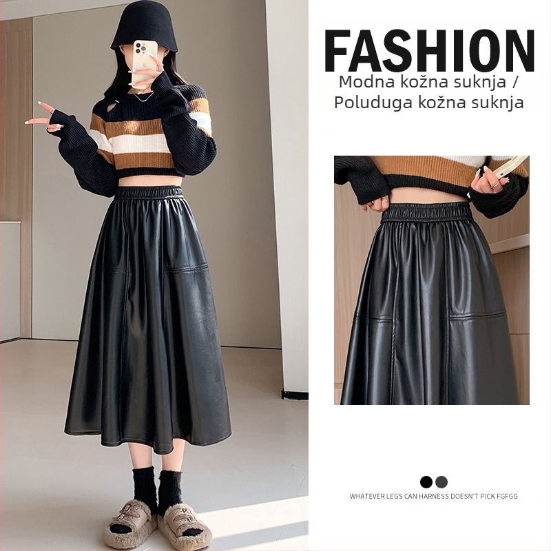 Ženska PU kožna suknja s A-linijom, drapiranog kroja, midi duljine, mikroelastična, casual japansko-korejski stil
